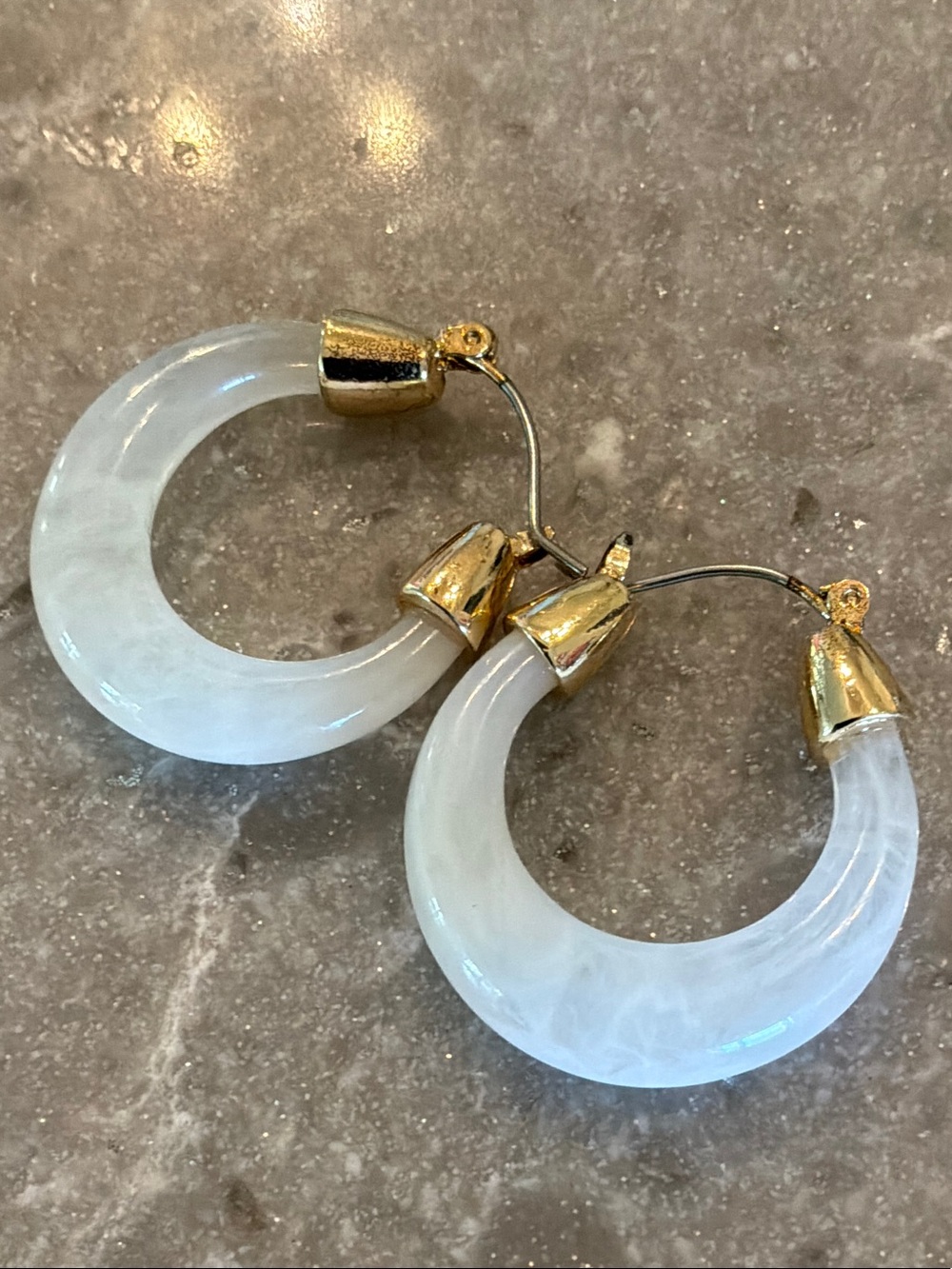 White Marbled Hoop Earrings with Gold Accents